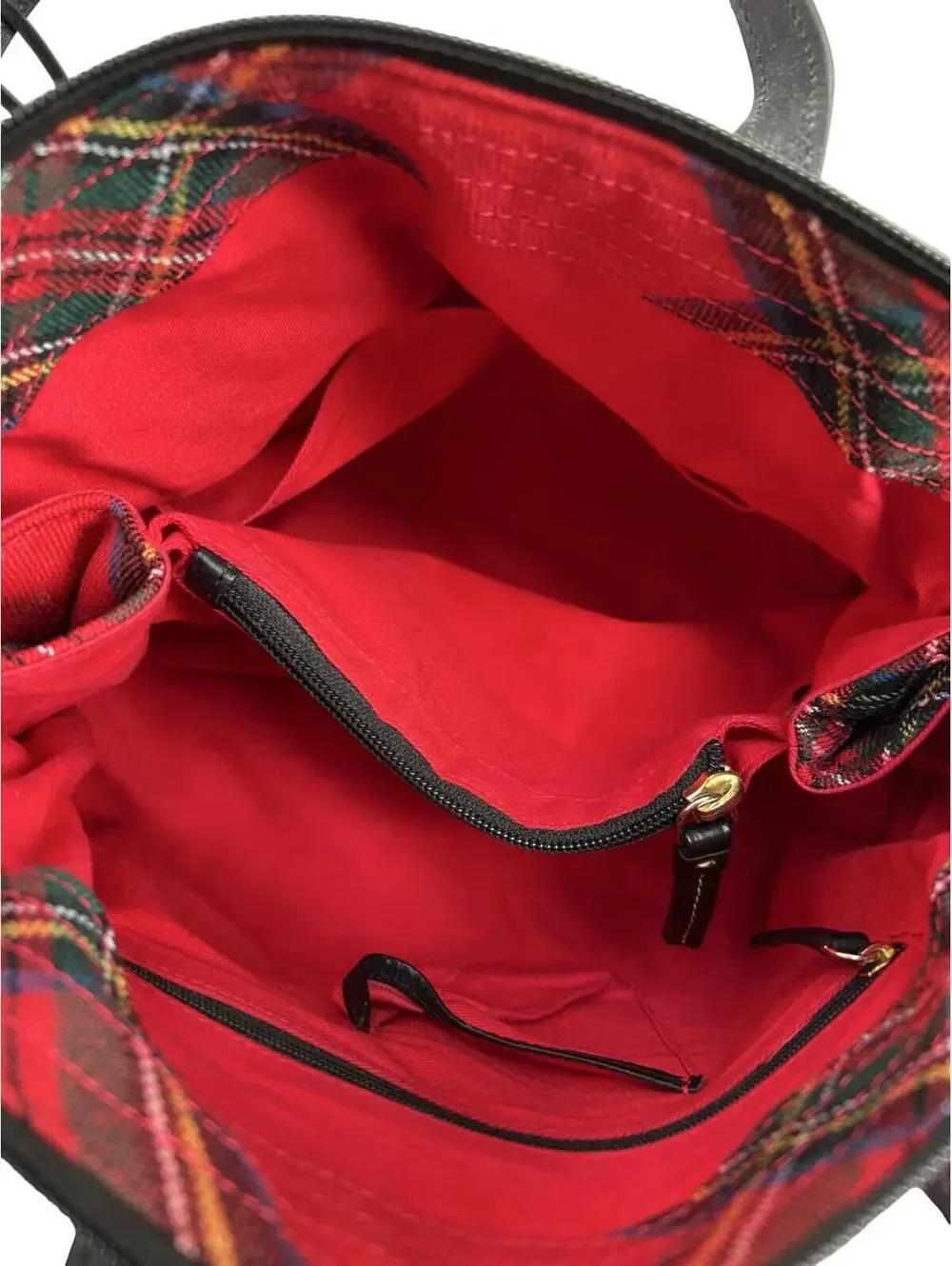 Dooney & Bourke Red Tartan Plaid Tote Bag Leather Trim Brass Duck Charm Large - Picture 7 of 10